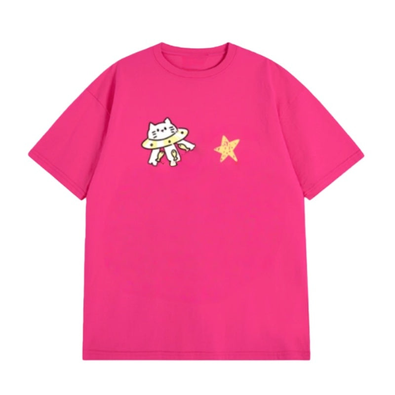 Cute Cat Sweet-Style Hot Pink T-Shirt
