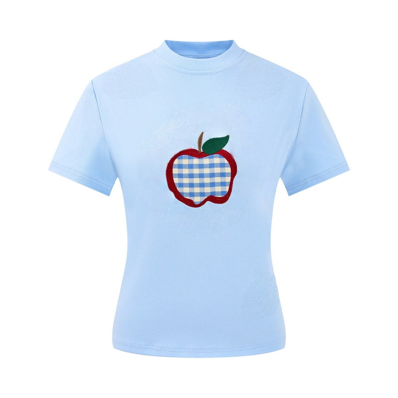 “Little Apple” Graphic Blue Plaid T-Shirt