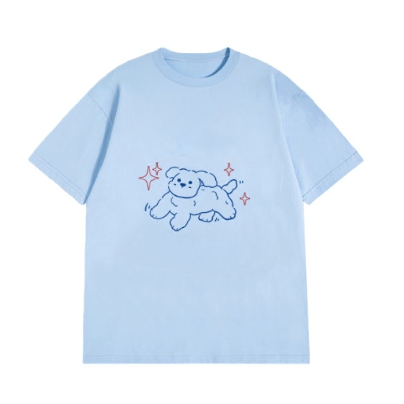 Hand-Painted Cute Dog Blue T-Shirt