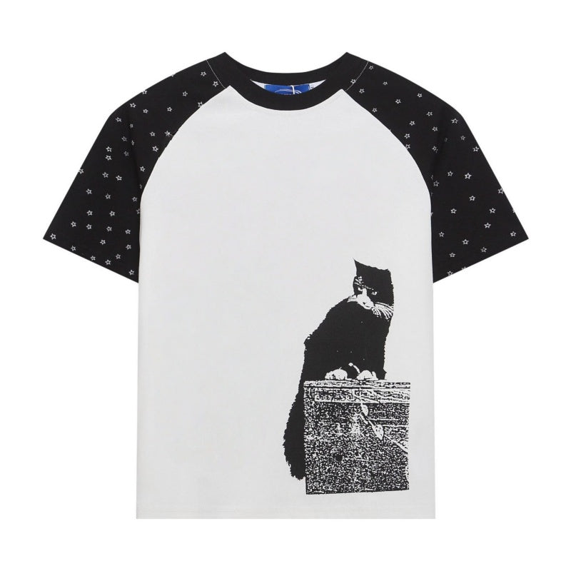 Casual Patchwork T-Shirt with Black Cat Print