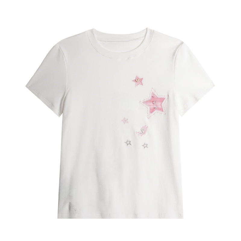 Stylish Pink Plaid Detail White T-Shirt